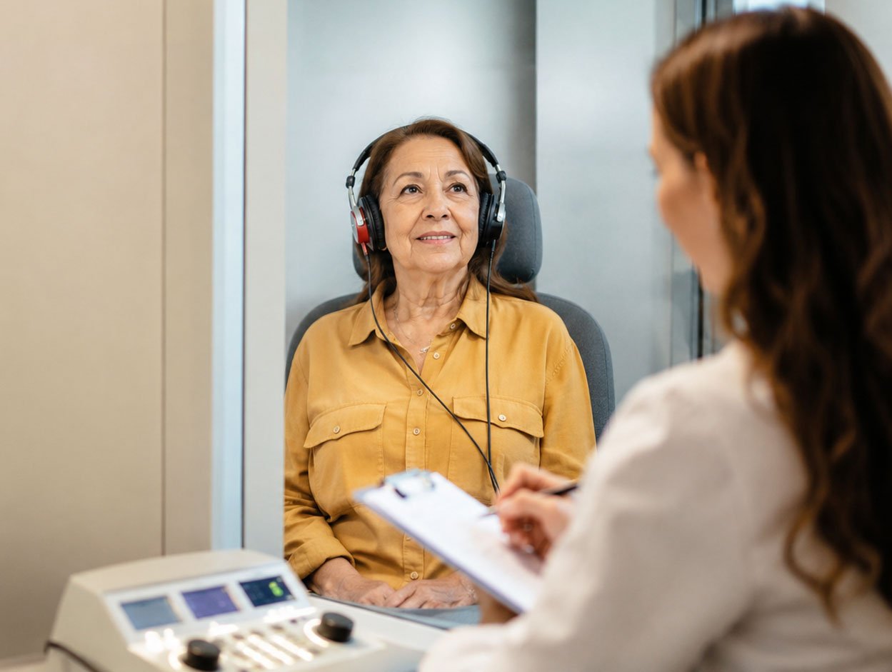Paciente realizando audiometria com orientação profissional