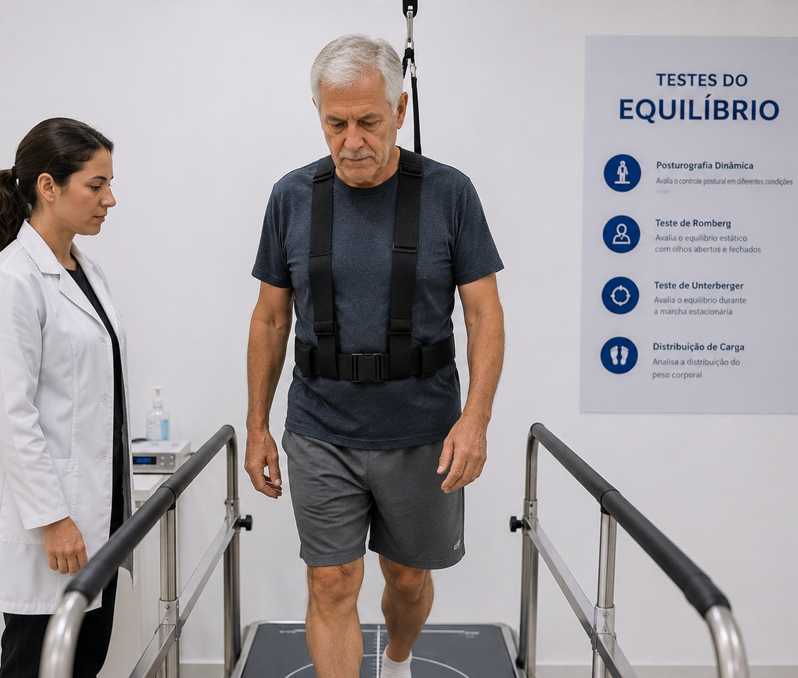 Paciente realizando testes vestibulares e do equilíbrio com acompanhamento profissional