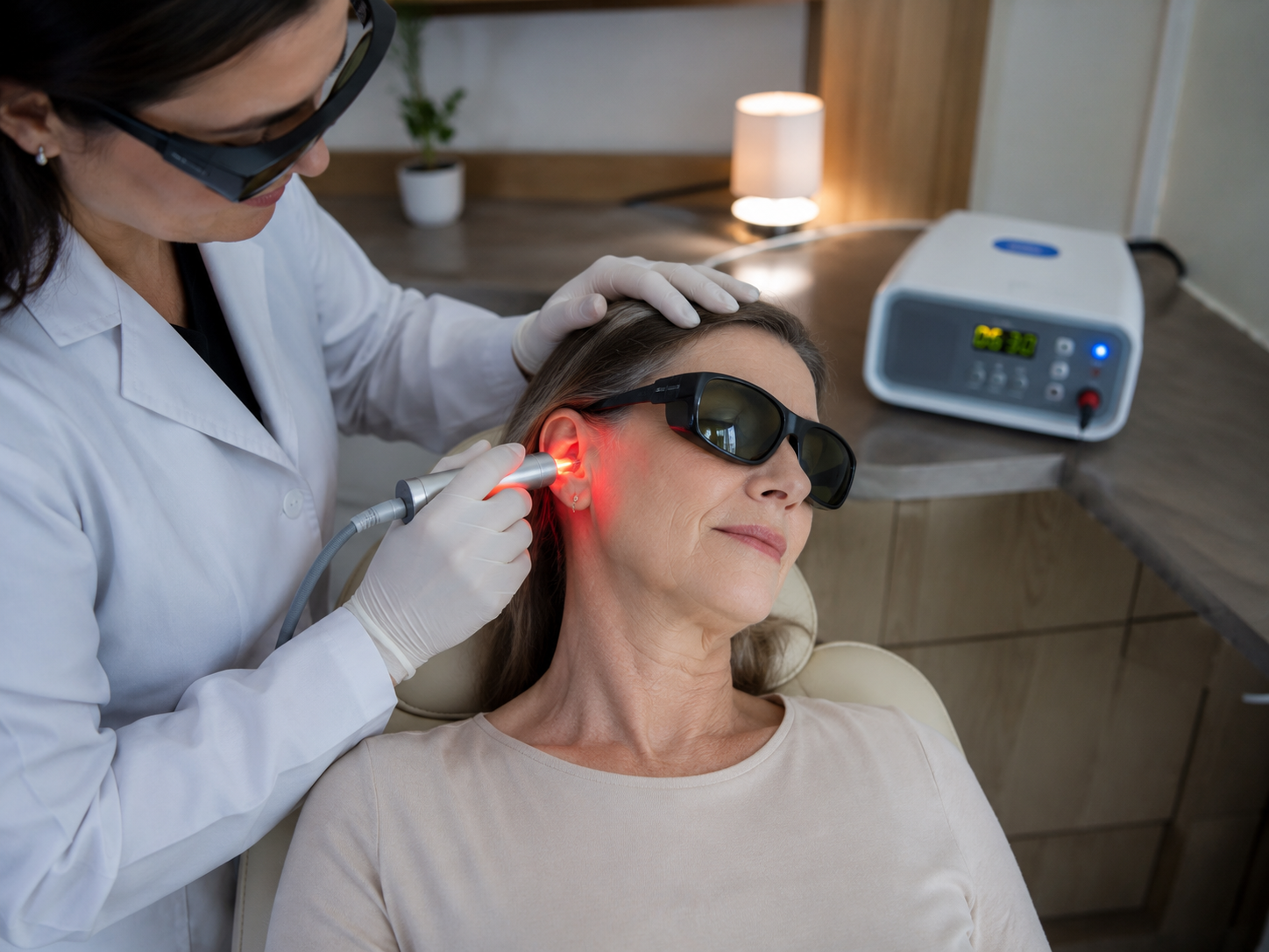 Profissional aplica fotobiomodulação próxima à orelha de paciente usando proteção ocular