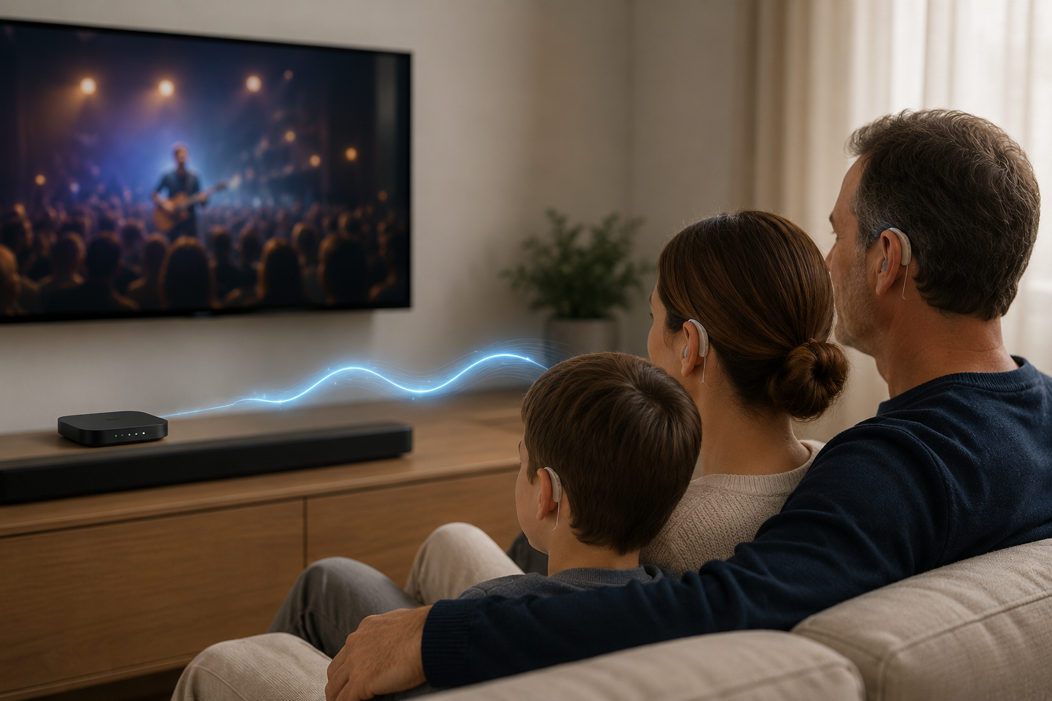 Família assistindo TV com áudio direto nos aparelhos auditivos